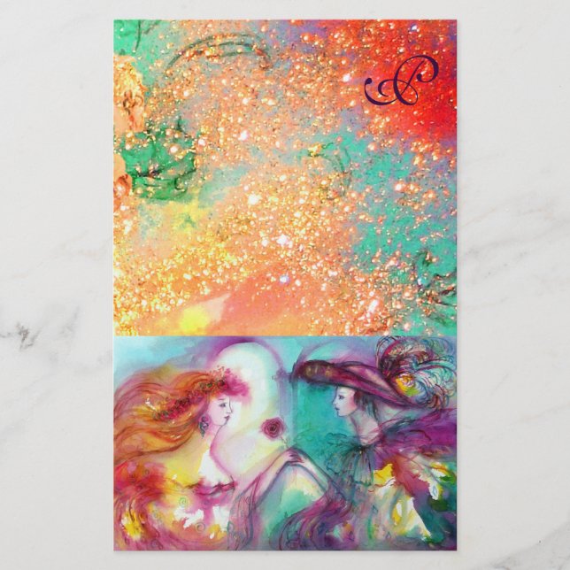 ROMEO AND JULIET,PINK GREEN GOLD SPARKLES MONOGRAM STATIONERY (Front)