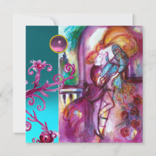 ROMEO AND JULIET /Teal Pink Damask Floral Swirls Invitation