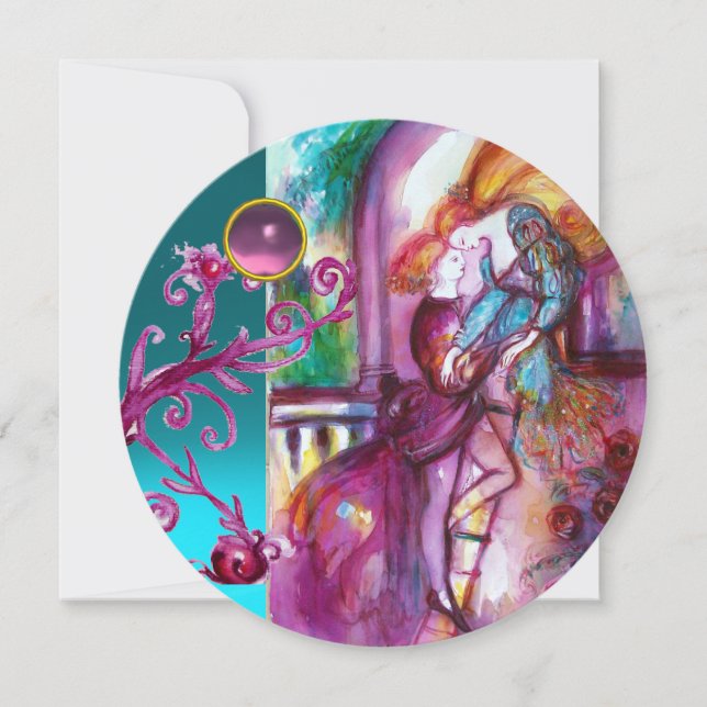 ROMEO AND JULIET /Teal Pink Damask Floral Swirls Invitation (Front)