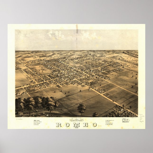Romeo Michigan 1868 Antique Panoramic Map Poster (Front)