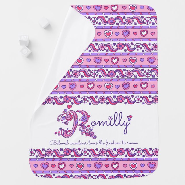 Romilly name with name meaning hearts baby blanket (In Situ)