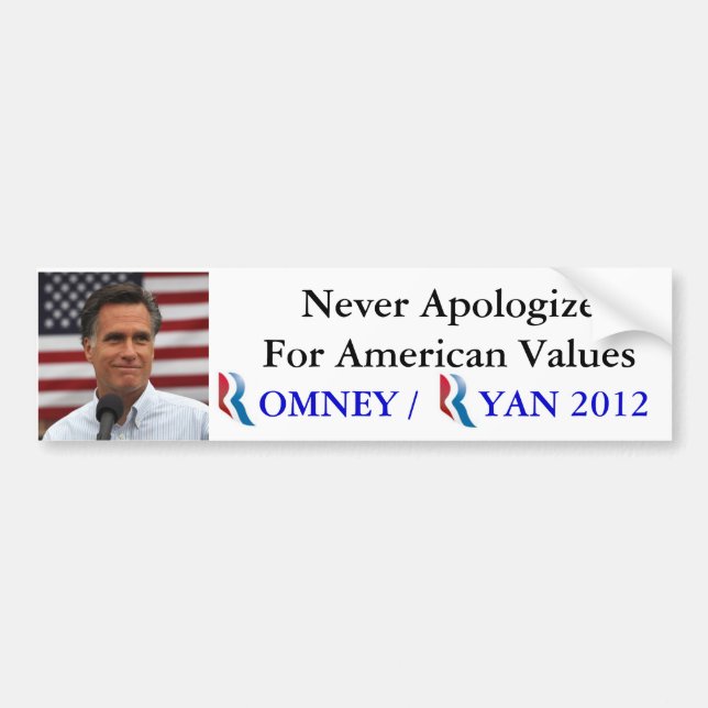 Romney / Ryan 2012 Never Apologize for America Bumper Sticker (Front)