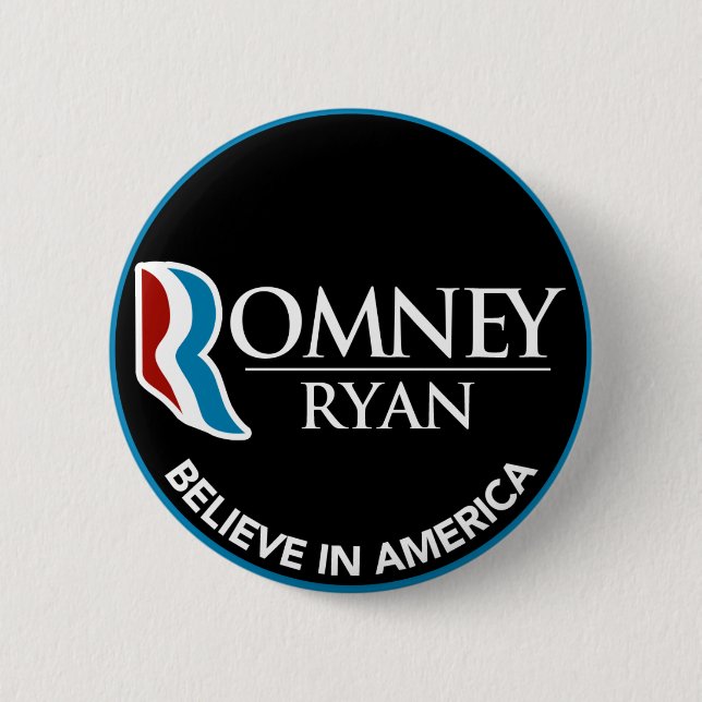 Romney Ryan Believe In America Round Black Button (Front)
