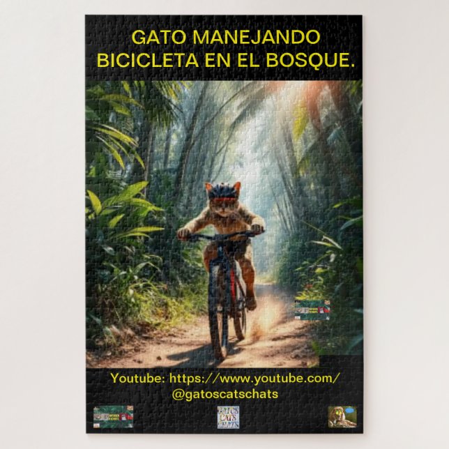 ROMPECABEZA GATO MANEJANDO BICICLETA EN EL BOSQUE. JIGSAW PUZZLE (Vertical)