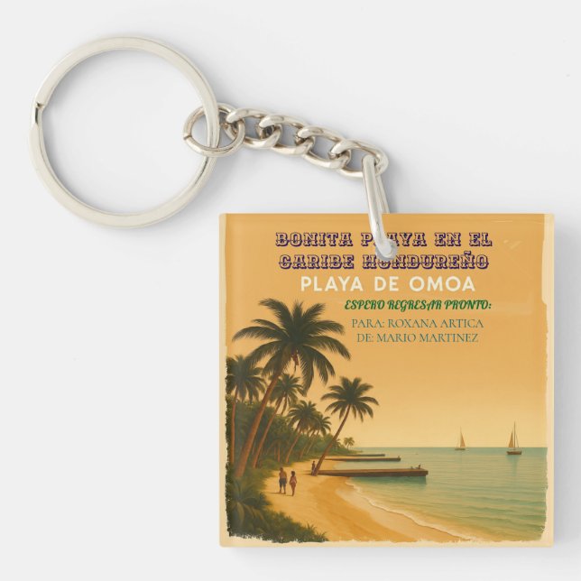 Rompecabezas  Honduras Playa Omoa Retro poster Keychain (Front)