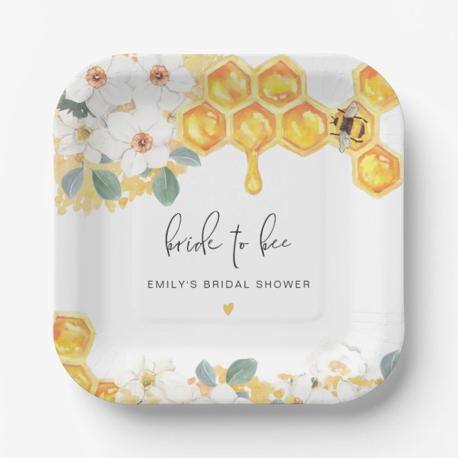 ROMY Rustic Bumble Bee Floral Bridal Shower Paper Plates (Front)