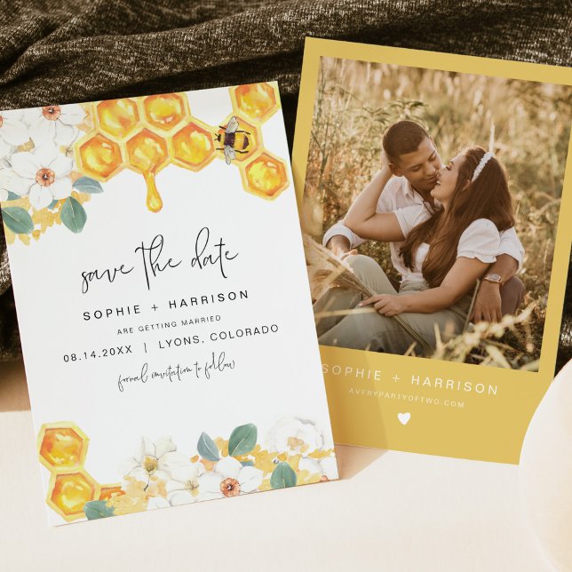 ROMY Rustic White Floral Honey Bee Save the Date Invitation (Creator Uploaded)