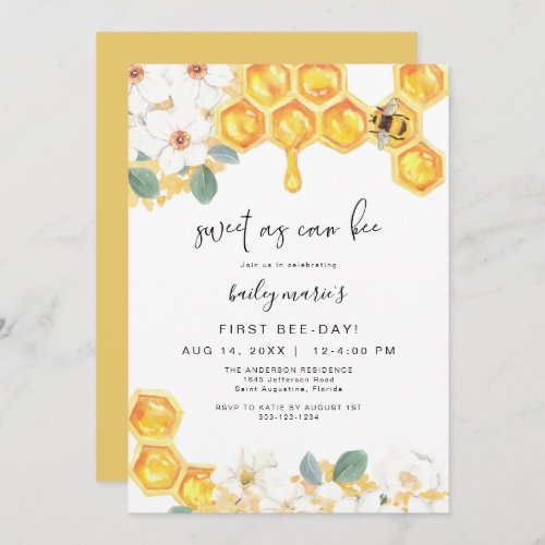 ROMY Sweet As Can Bee White Floral 1st Birthday Invitation