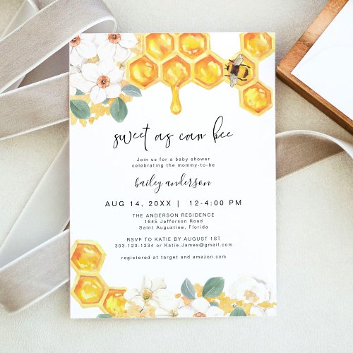 ROMY Sweet As Can Bee White Floral Baby Shower Invitation