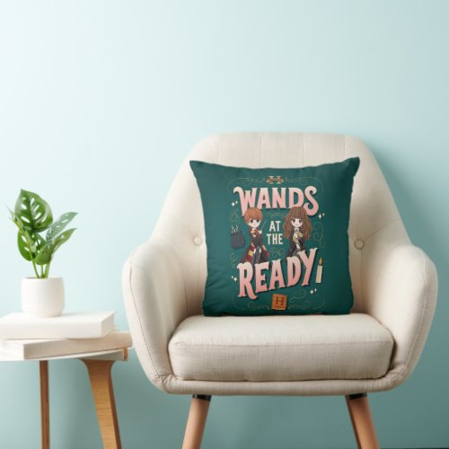 Ron  Hermione Wands at the Ready Throw Pillow