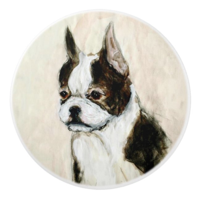 Ron Hevener Boston Terrier Doorknob Ceramic Knob (Front)