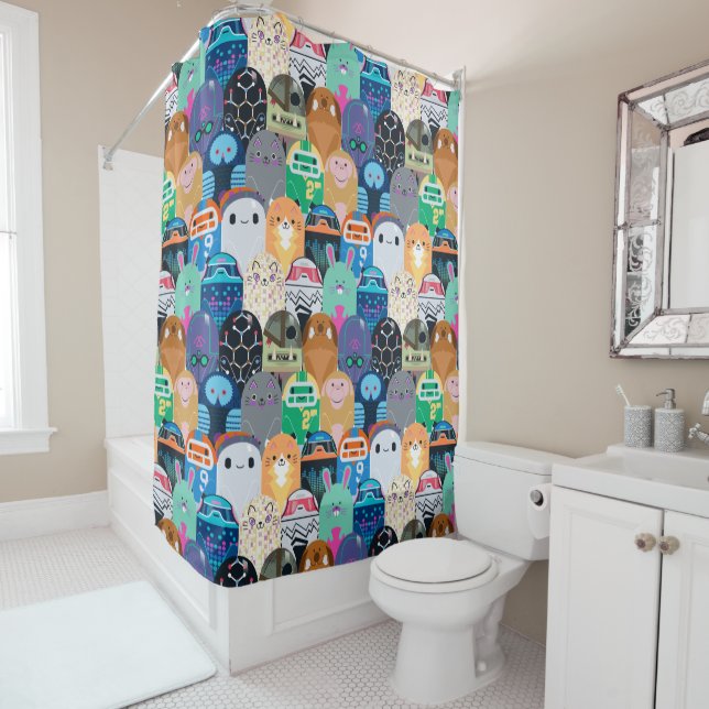 Ron's Gone Wrong Colorful Bot Pattern Shower Curtain (In Situ)