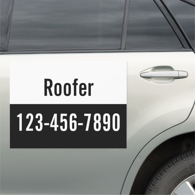 Roofer Black and White Promotional Phone Number Car Magnet (In Situ)