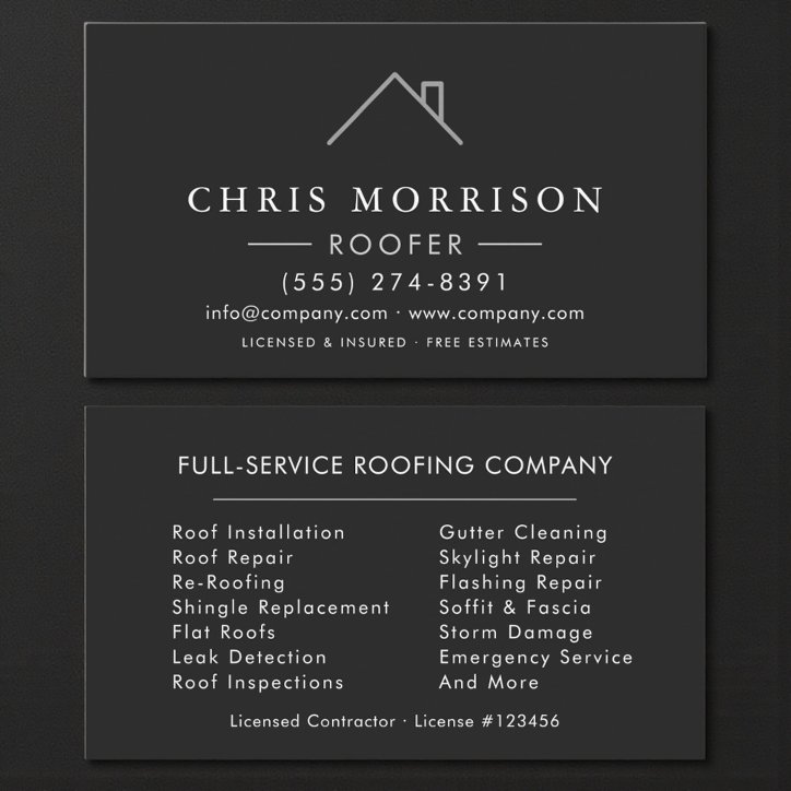 Roofer Black Silver Modern Roofing Company Business Card
