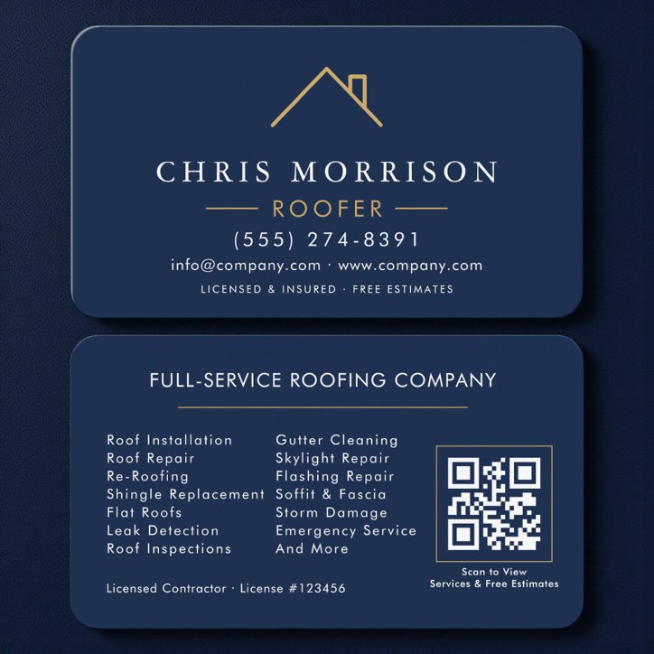 Roofer Navy Blue Gold QR Code Business Card