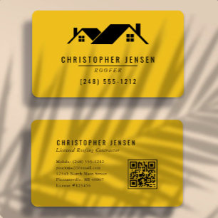 Roofer QR Code Bold Yellow Black Rounded Business Card