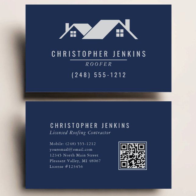 Roofer QR Code Navy Blue Gray Roofing Business Card (Creator Uploaded)