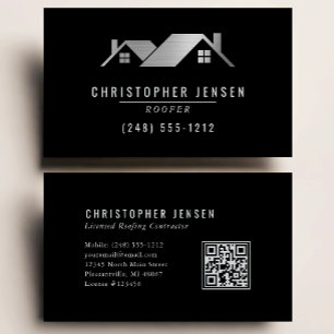 Roofer QR Code Roofing Business Black Silver Card