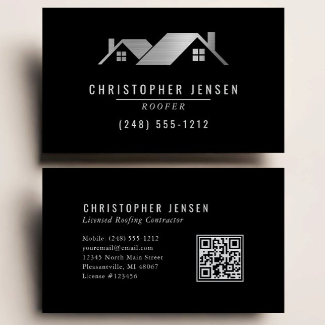 Roofer QR Code Roofing Business Black Silver Card (Creator Uploaded)