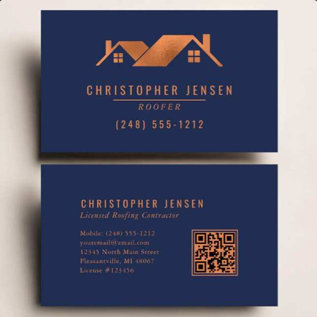 Roofer QR Code Roofing Business Navy Blue Copper Card (Creator Uploaded)