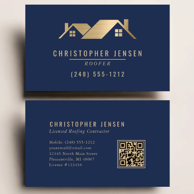 Roofer QR Code Roofing Business Navy Blue Gold Business Card (Creator Uploaded)