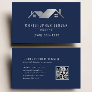 Roofer QR Code Roofing Business Navy Blue Silver Card