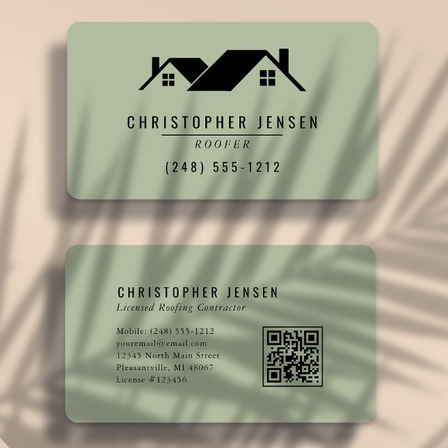 Roofer QR Code Sage Green Rounded Business Card (Creator Uploaded)