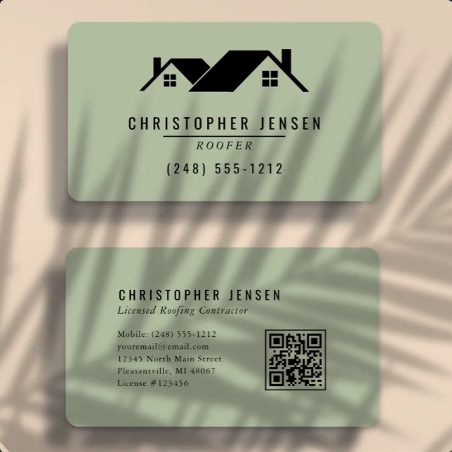 Roofer QR Code Sage Green Rounded Business Card (Creator Uploaded)