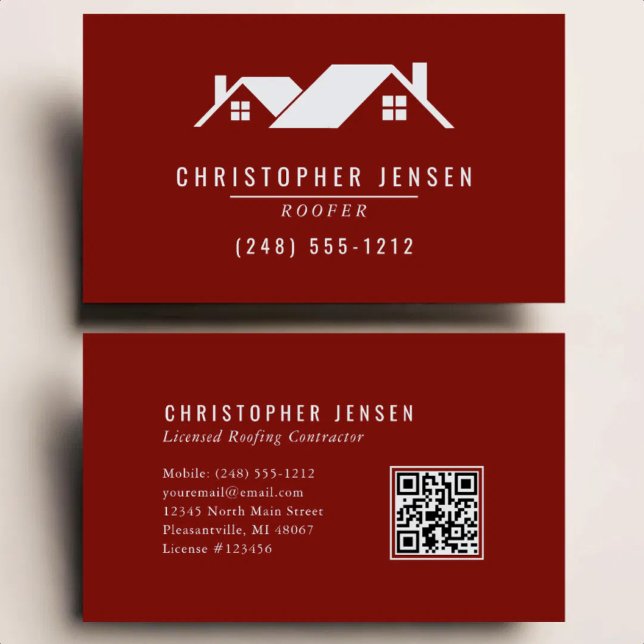 Roofer QR Code Simple Burgundy Business Card (Creator Uploaded)
