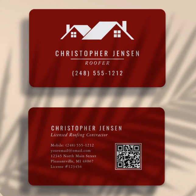 Roofer QR Code Simple Burgundy Rounded Business Card (Creator Uploaded)