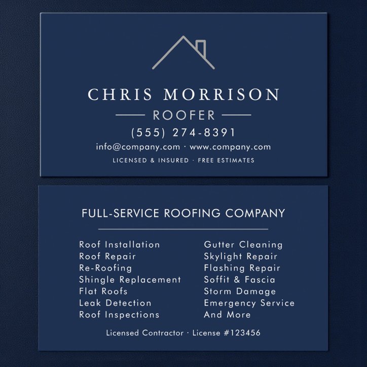 Roofer Roofing Company Navy Blue Silver Business Card