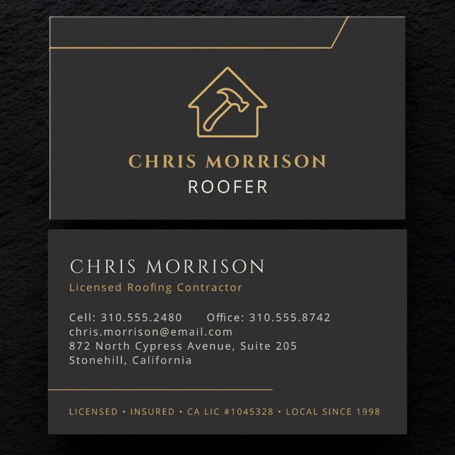 Roofing Roofer Construction Modern Black Gold Business Card (Creator Uploaded)