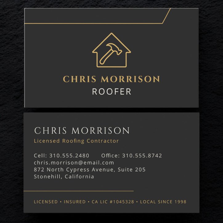 Roofing Roofer Construction Modern Black Gold Business Card