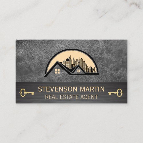 Rooftop and City  Leather  Gold Skeleton Key Business Card