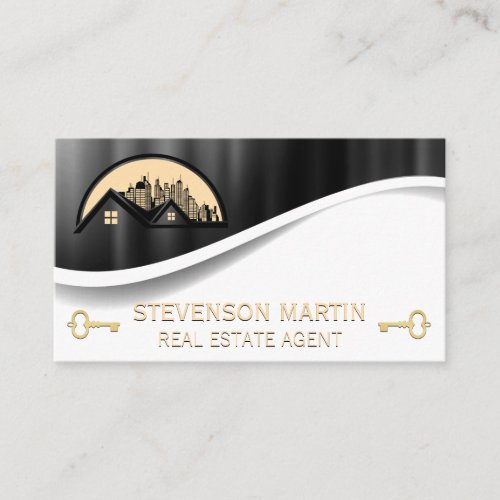 Rooftop and City  Metallic   Gold Skeleton Key Business Card