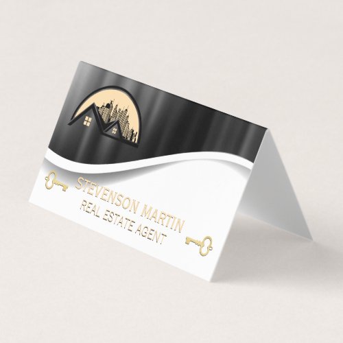 Rooftop and City  Metallic   Gold Skeleton Key Business Card