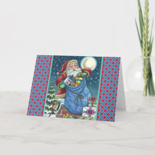 ROOFTOP SANTA BAG OF TOYS, DOLLHOUSE, HOBBYHORSE HOLIDAY CARD