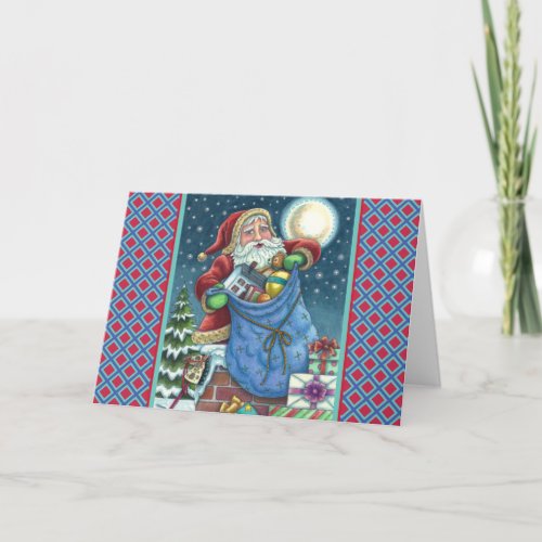 ROOFTOP SANTA BAG OF TOYS DOLLHOUSE HOBBYHORSE HOLIDAY CARD