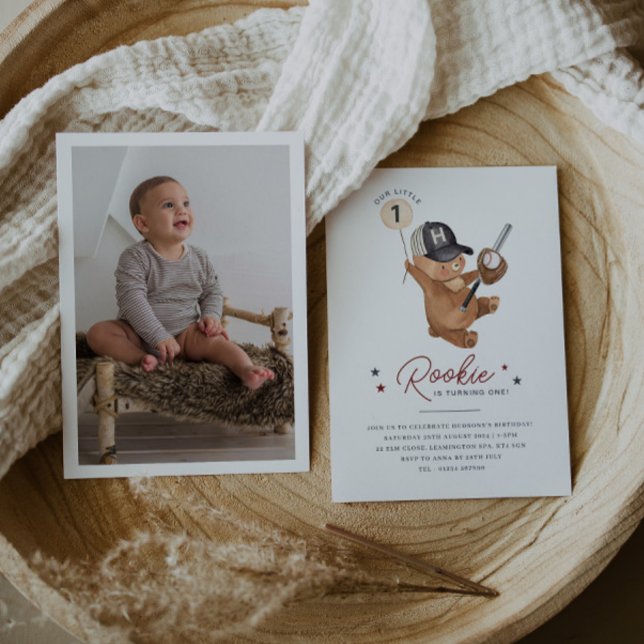 Rookie 1st Birthday Bear Photo Invitation (Rookie 1st Birthday Bear Photo Invitation)