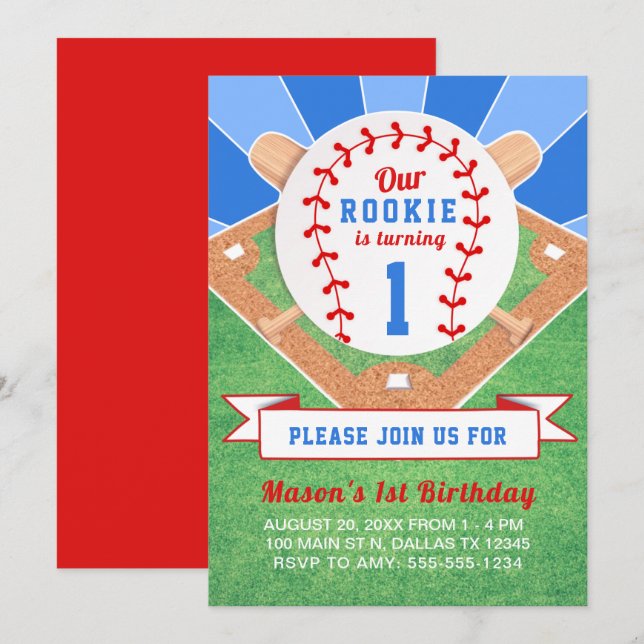 Rookie Baseball 1st Birthday Invitation (Front/Back)