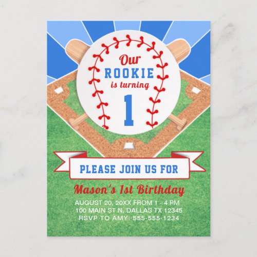 Rookie Baseball 1st Birthday Invitation Postcard