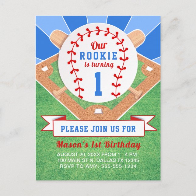 Rookie Baseball 1st Birthday Invitation Postcard (Front)