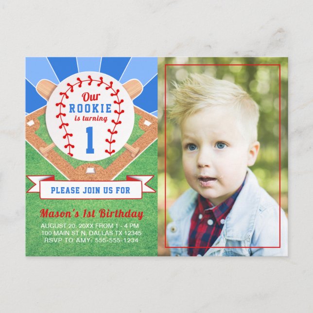 Rookie Baseball 1st Birthday Photo Invitation Postcard (Front)