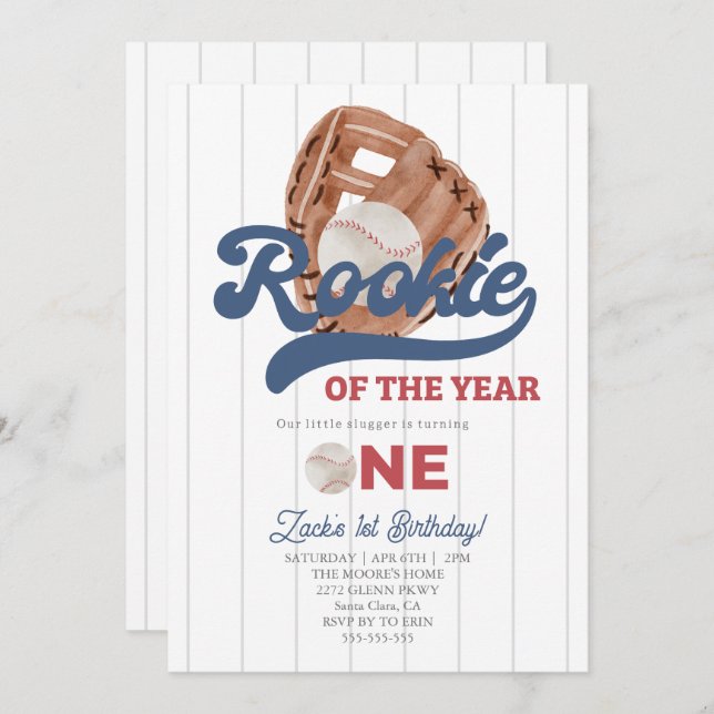 Rookie Baseball glove Boys 1st Birthday Invitation (Front/Back)