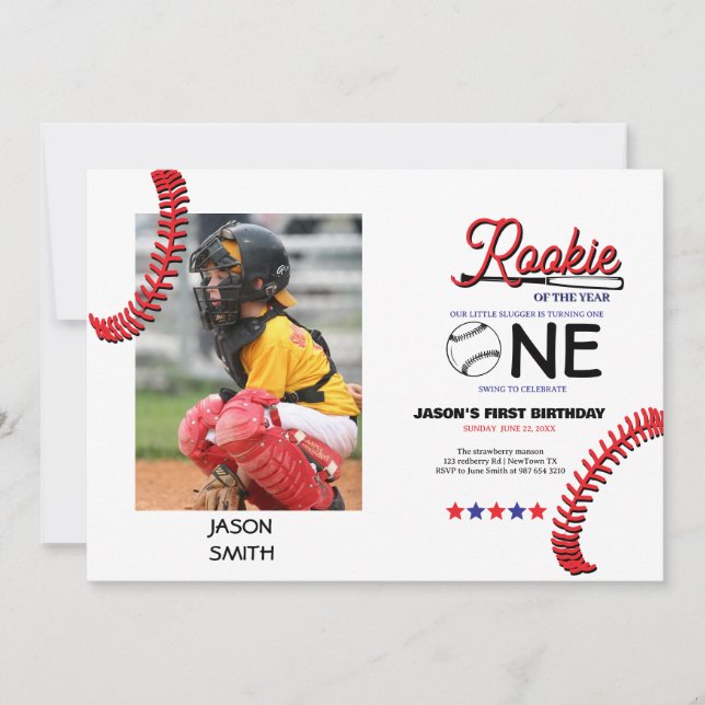 Rookie baseball kid's first birthday card (Front)