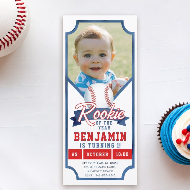 Rookie Baseball Photo Blue Boy 1st Birthday Invite (rookie of the year 1st birthday invite boy photo template red blue milestone invitation ticket)