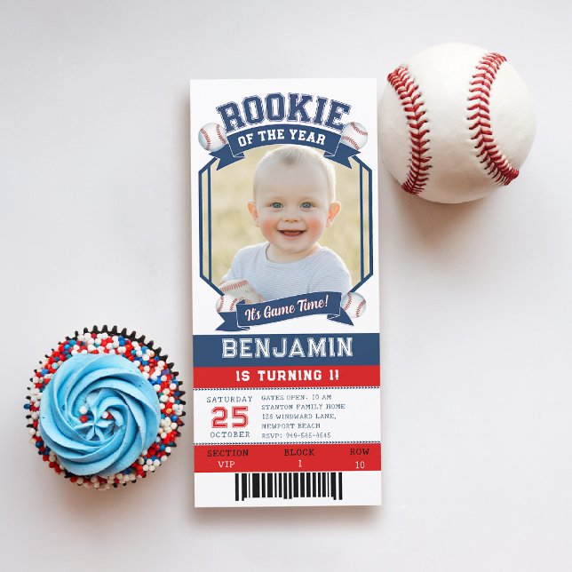 Rookie Baseball Ticket Red Blue Boy 1st Birthday (rookie of the year 1st birthday invite boy photo template red blue white milestone invitation)