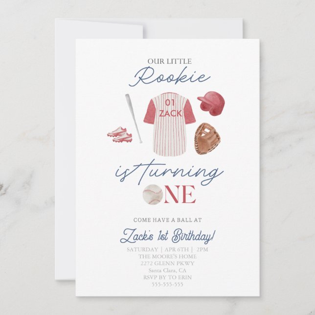 Rookie Baseball Uniform Boys 1st Birthday Invitation (Front)
