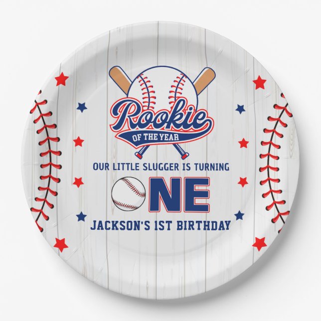 Rookie of the Year 1st Birthday Baseball Paper Plates (Front)