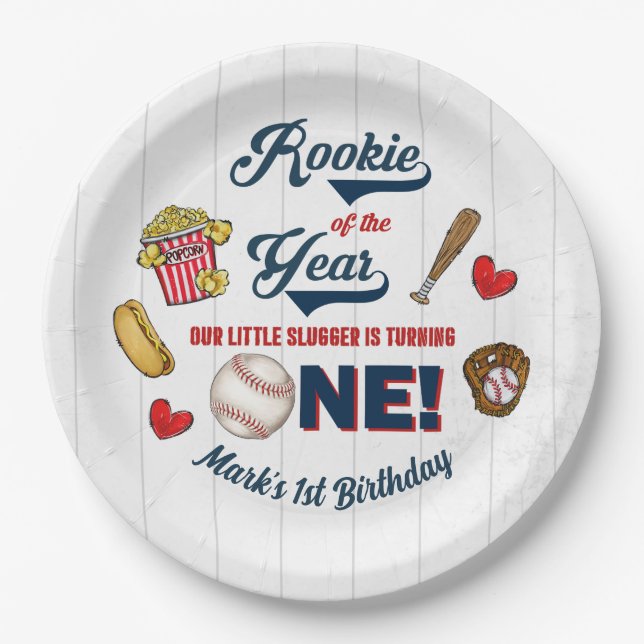 Rookie of the Year 1st Birthday Baseball Party Paper Plates (Front)